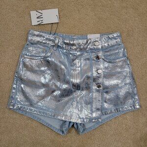 Zara Skort Womens Size Medium Light Denim Metalic Foil Rave Barbie Core Western